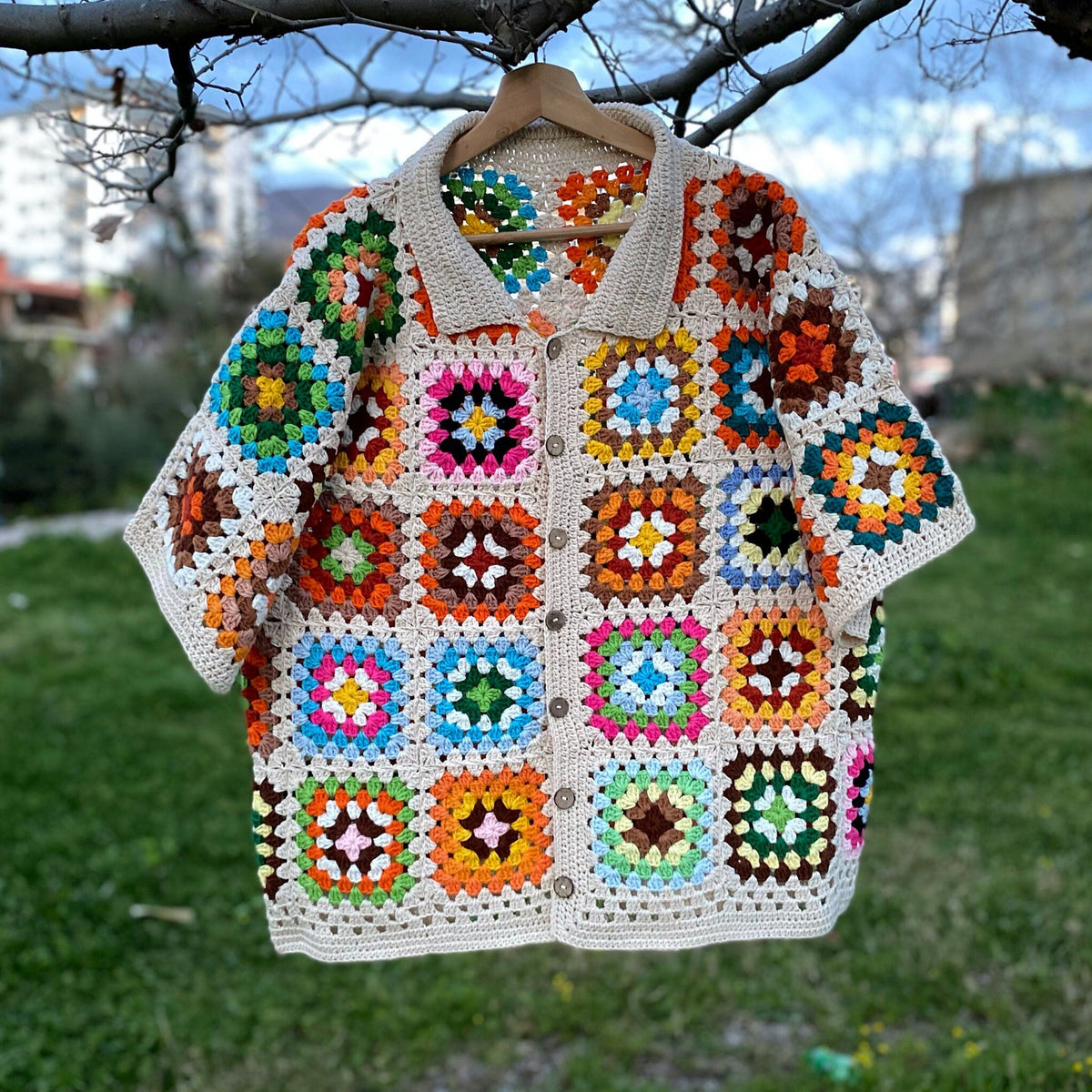 Colorful Granny Square Crochet Shirt: Lightweight Cotton Unisex Top