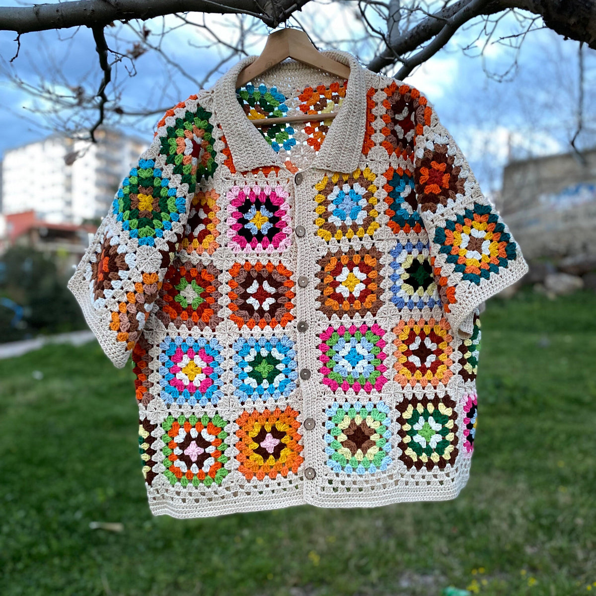 Colorful Granny Square Crochet Shirt: Lightweight Cotton Unisex Top