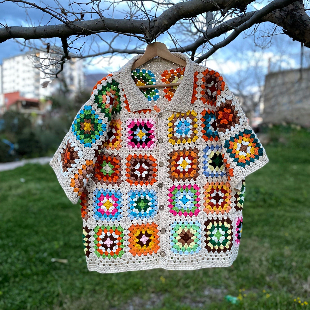 Colorful Granny Square Crochet Shirt: Lightweight Cotton Unisex Top