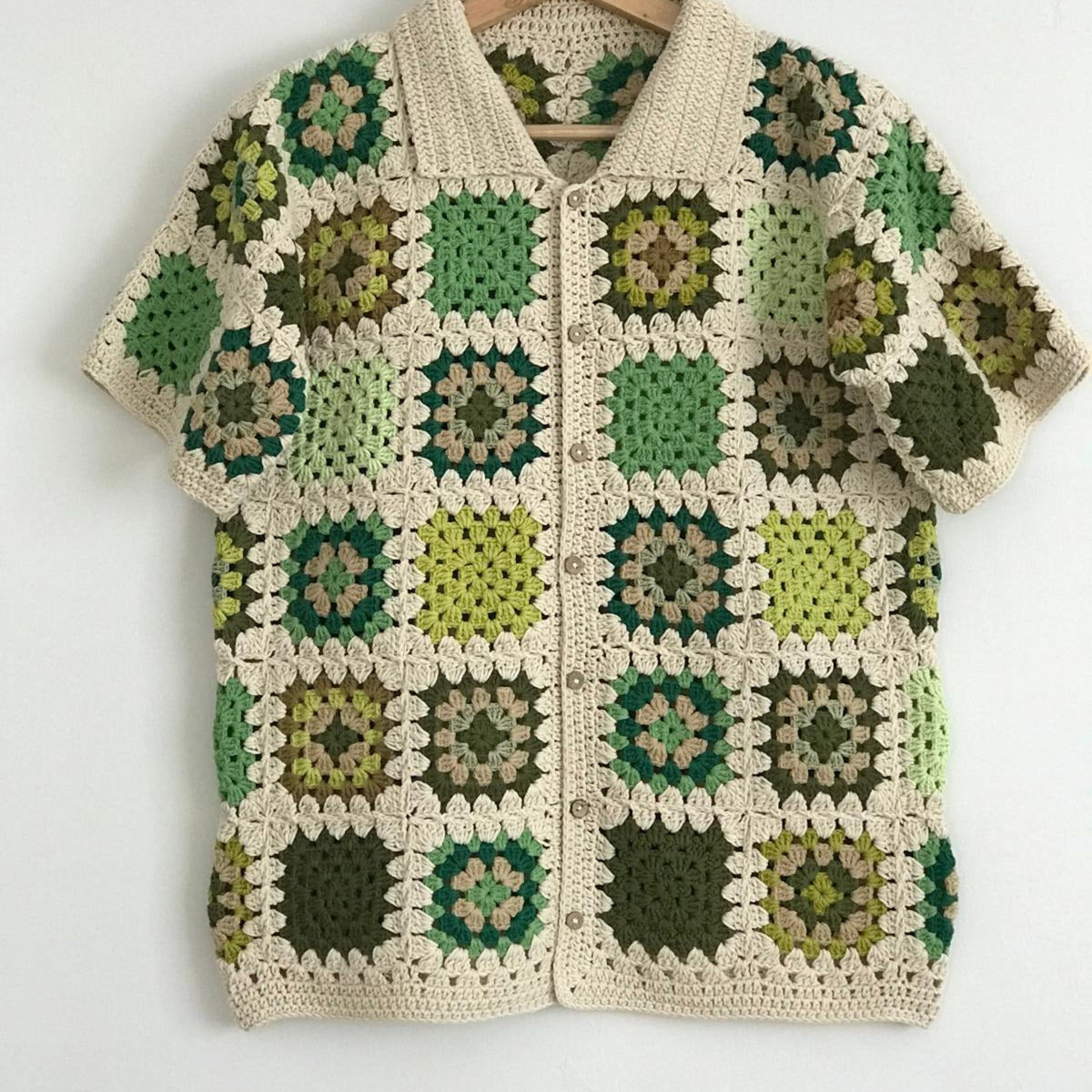 Granny Square Crochet Shirt: Green Beige Cotton Unisex Top