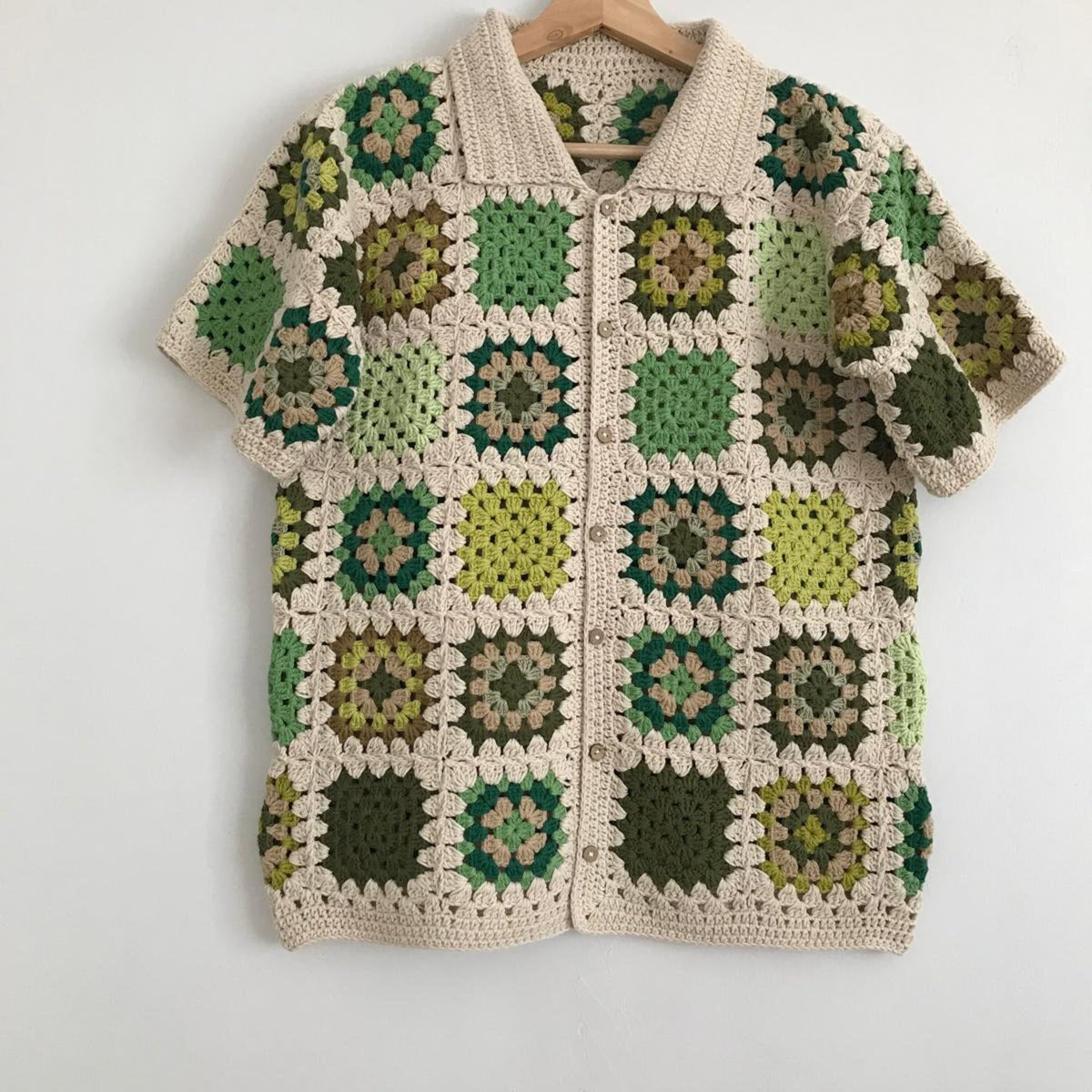 Granny Square Crochet Shirt: Green Beige Cotton Unisex Top