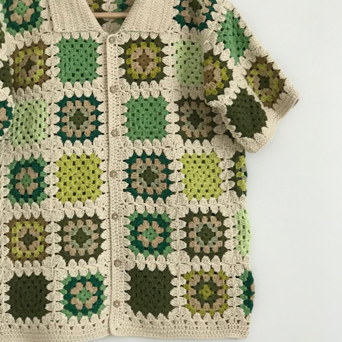 Granny Square Crochet Shirt: Green Beige Cotton Unisex Top