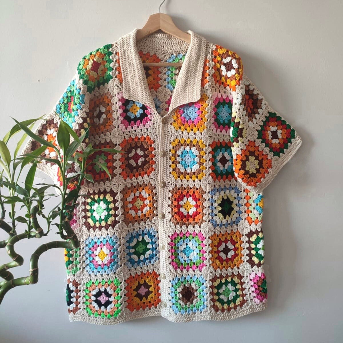 Colorful Granny Square Crochet Shirt: Lightweight Cotton Summer Polo Shirt