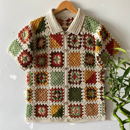 Colorful Granny Square Crochet Shirt: Lightweight Cotton Summer Polo Shirt