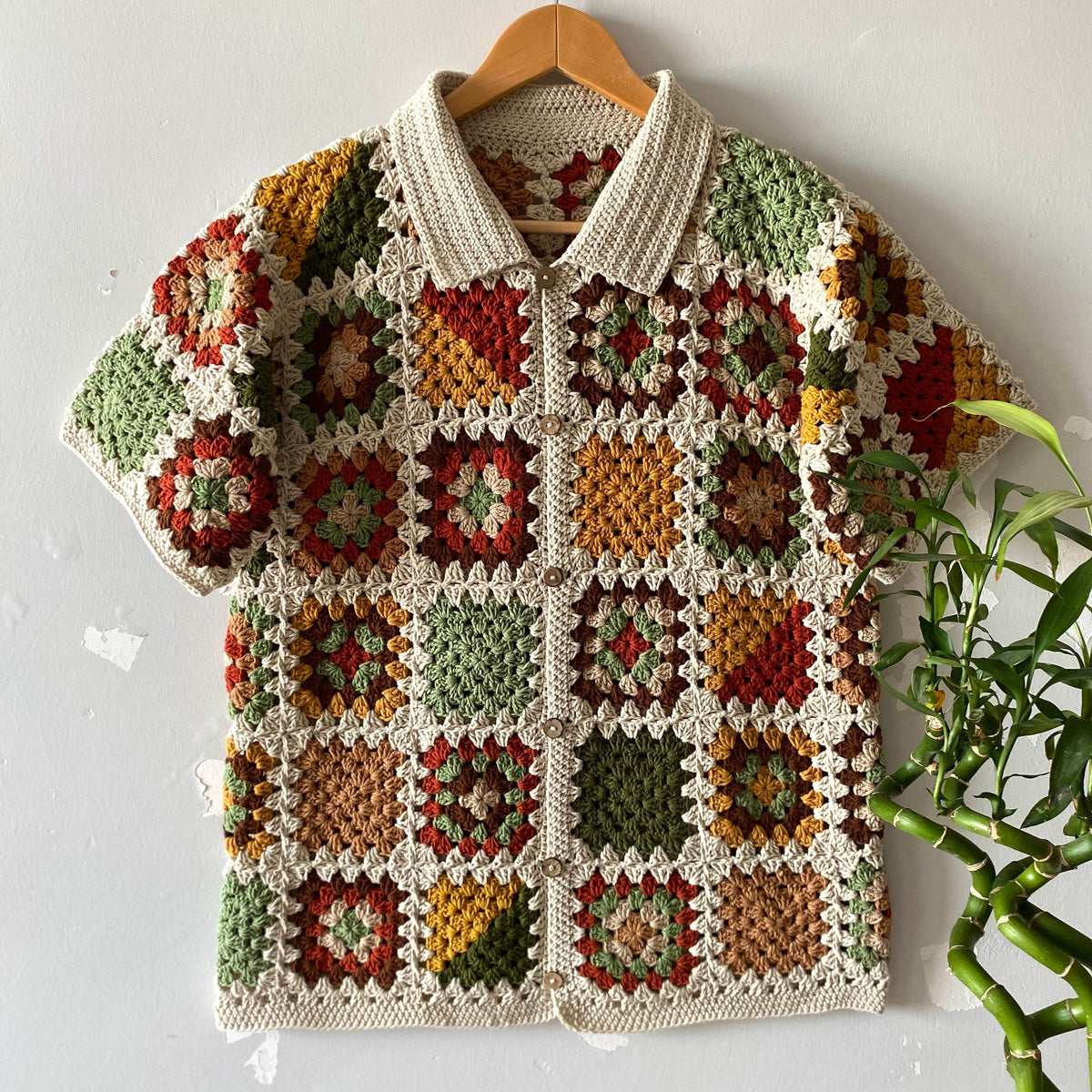 Colorful Granny Square Crochet Shirt: Lightweight Cotton Summer Polo Shirt