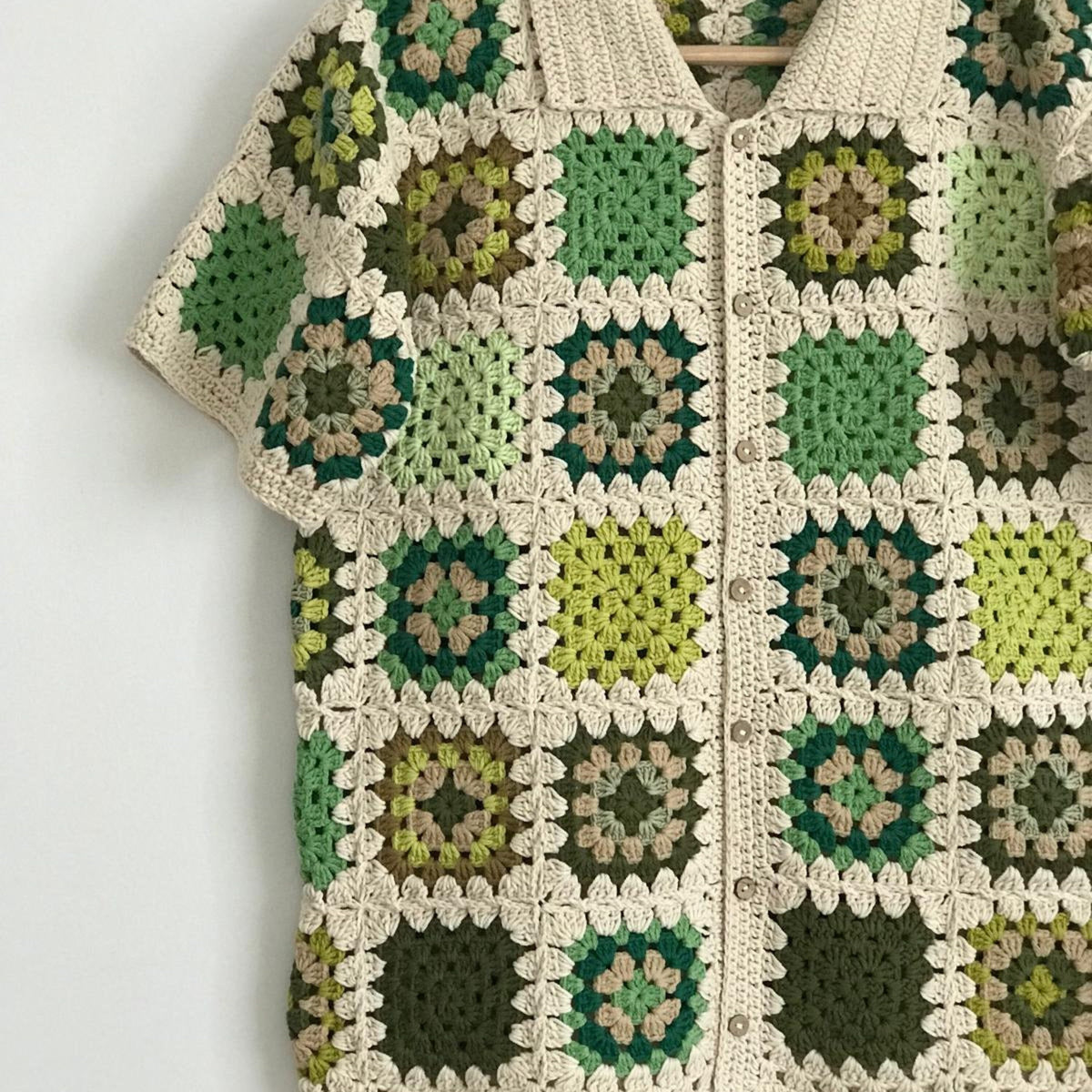 Granny Square Crochet Shirt: Green Beige Cotton Unisex Top