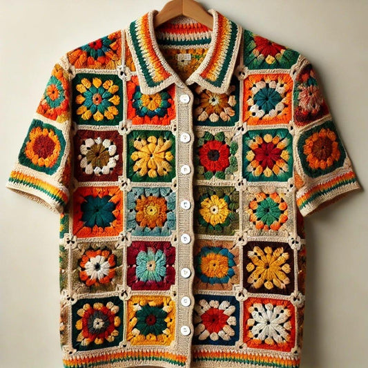MerlaDesigns Unisex Multicolor Shirt, Summer Shirt, Crochet Square Shirt, Colorful Square Crochet Shirt, Crochet Shirt For Men,Rainbow Shirt