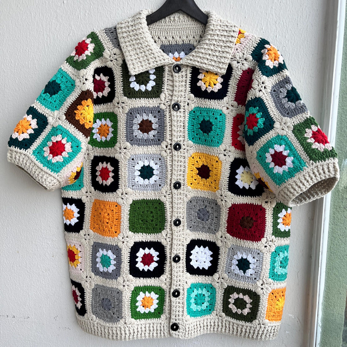 MerlaDesigns Unisex Multicolor Shirt, Summer Shirt, Crochet Square Shirt, Colorful Square Crochet Shirt, Crochet Shirt For Men,Rainbow Shirt