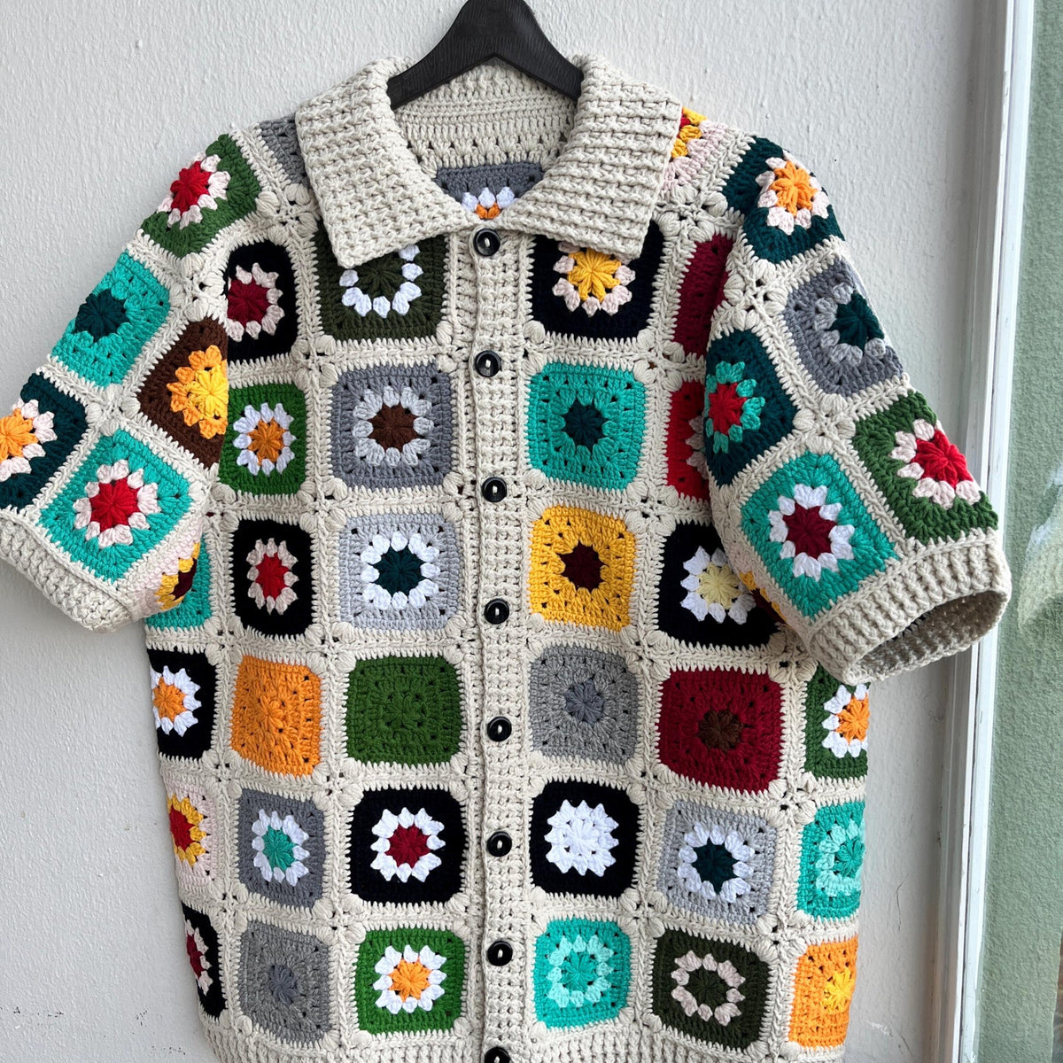 MerlaDesigns Unisex Multicolor Shirt, Summer Shirt, Crochet Square Shirt, Colorful Square Crochet Shirt, Crochet Shirt For Men,Rainbow Shirt