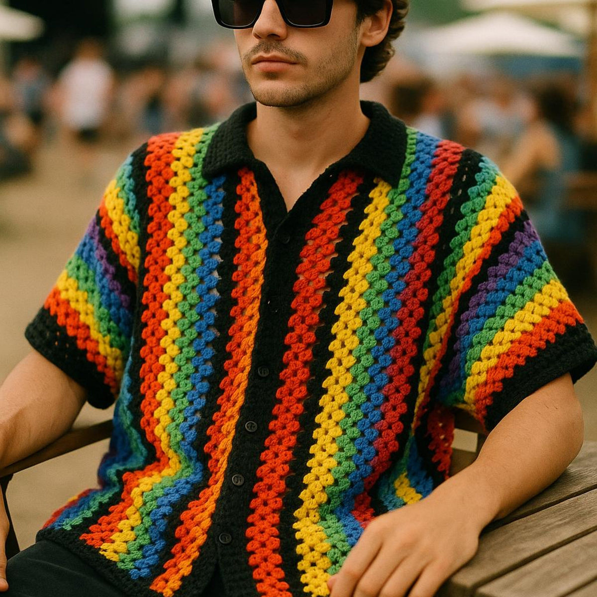 Handmade Colorful Crochet Shirt: Unisex Festival Rainbow Overshirt