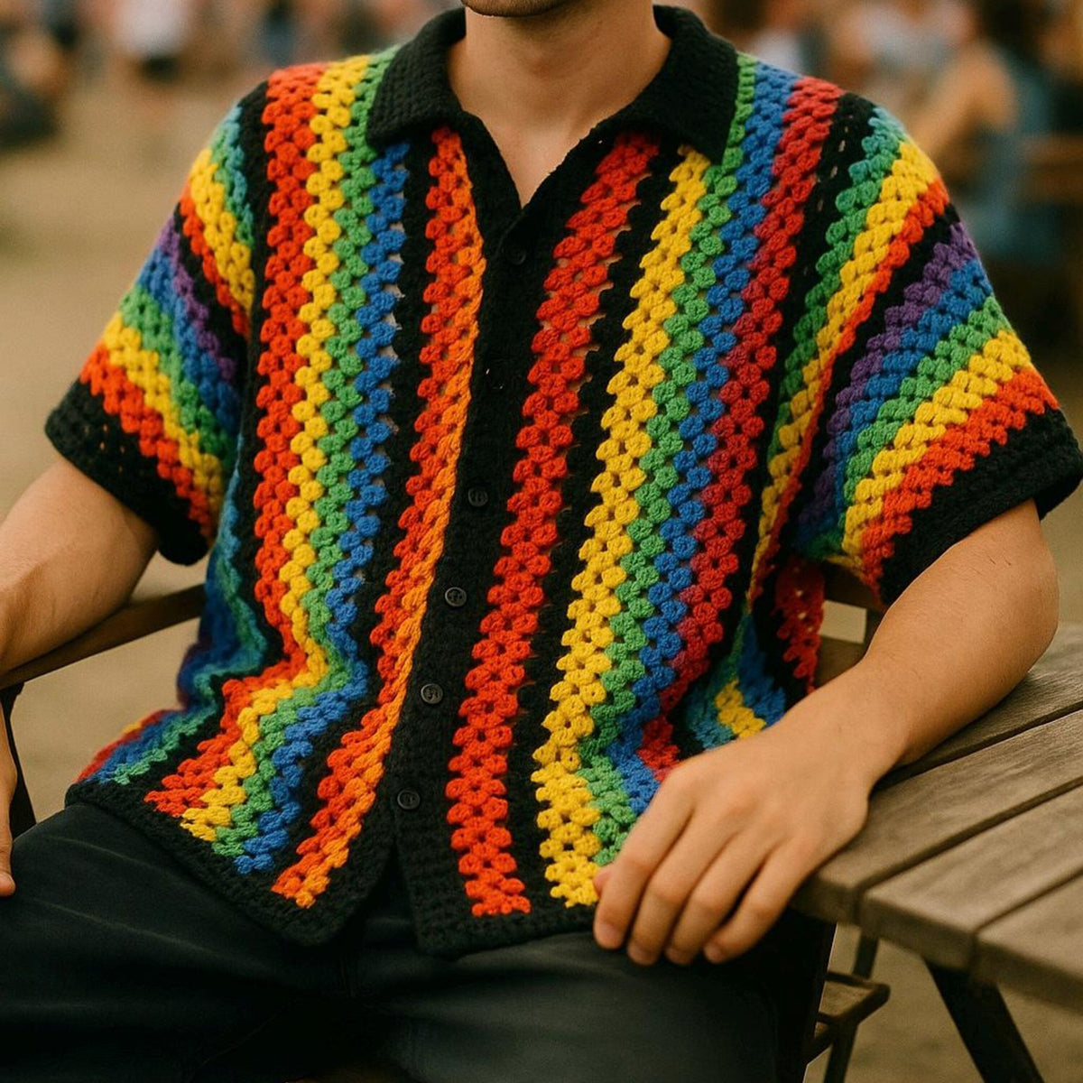 Handmade Colorful Crochet Shirt: Unisex Festival Rainbow Overshirt