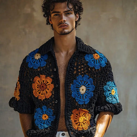 Handmade Crochet Floral Shirt, Boho Knit Patchwork