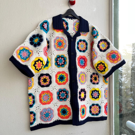 MerlaDesigns Unisex Summer Shirt, Motif Shirt, Crochet Granny Square Shirt,Colorful Square Crochet Shirt, Crochet Shirt For Men, Men’s Shirt